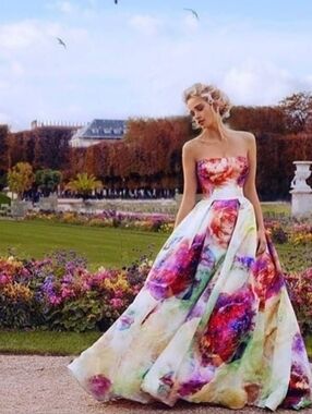 Jovani Strapless Floral Watercolor Ball Gown Dress - Multicolor (S/M)